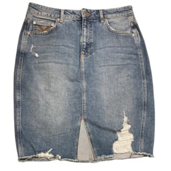 Pilcro and The Letterpress Denim Distressed Pencil Skirt with Front Slit Size 8 - Picture 1 of 8